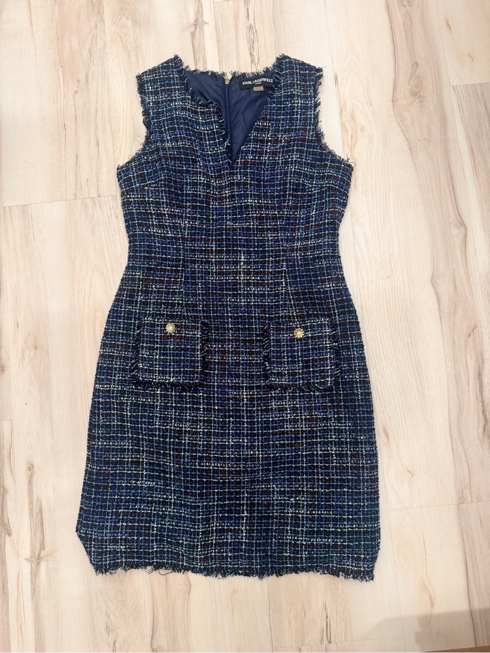 Karl Lagerfeld Navy Tweed Sheath Dress with Gold Buttons